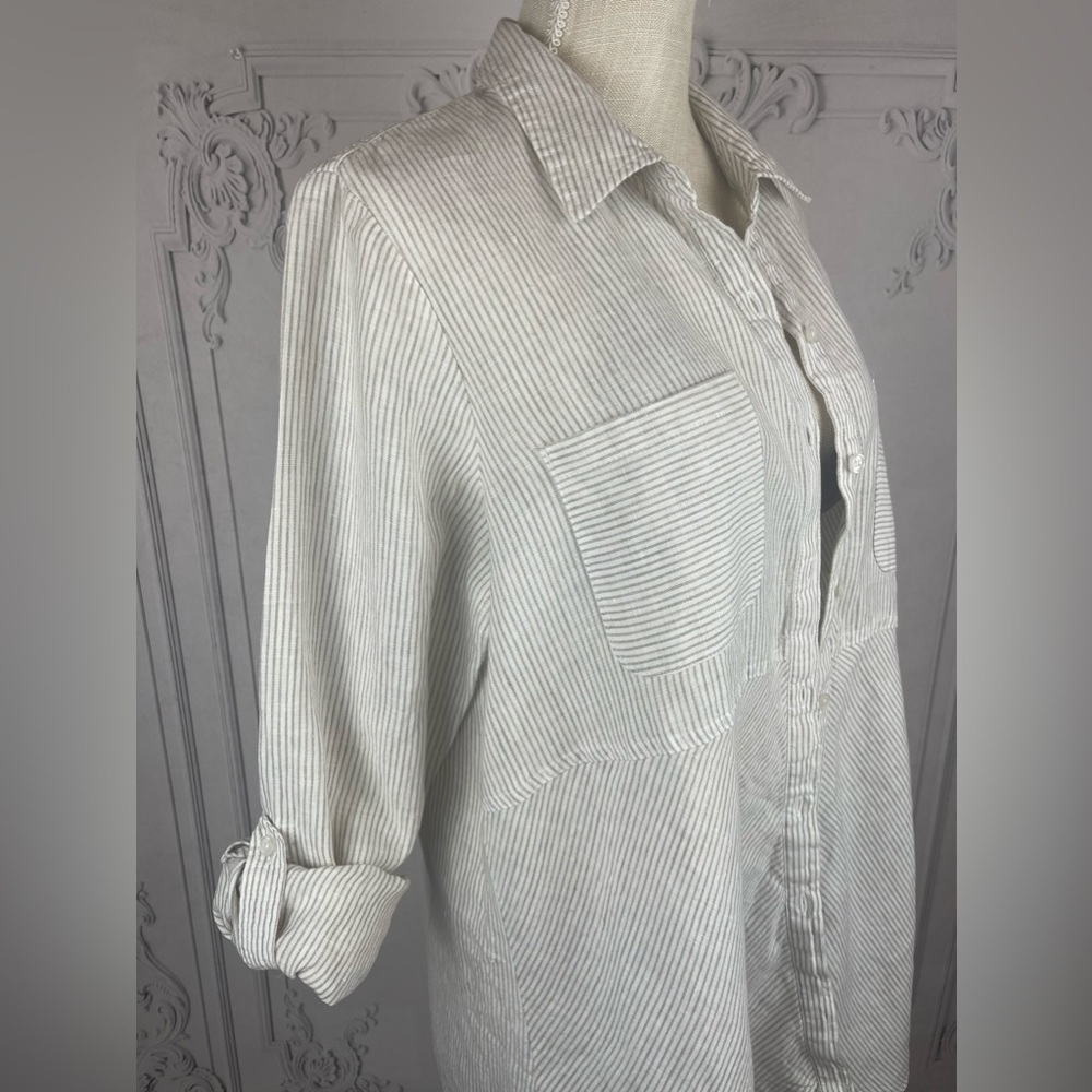 Sports Striped Button-Front Linen Shirt Button Cuff Long Sleeves Top - Picture 8 of 9